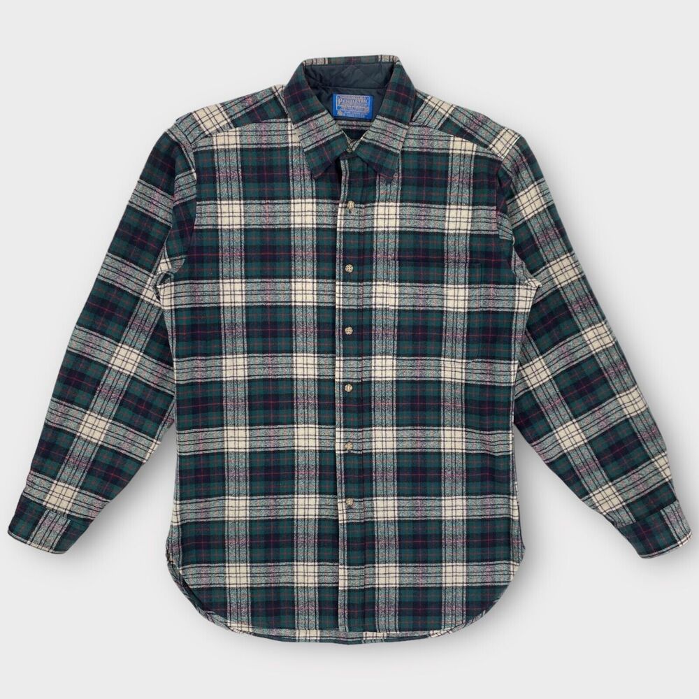VINTAGE Pendleton Board Shirt Mens Medium Green Plaid Blackwatch Wool USA Made - Picture 2 of 11